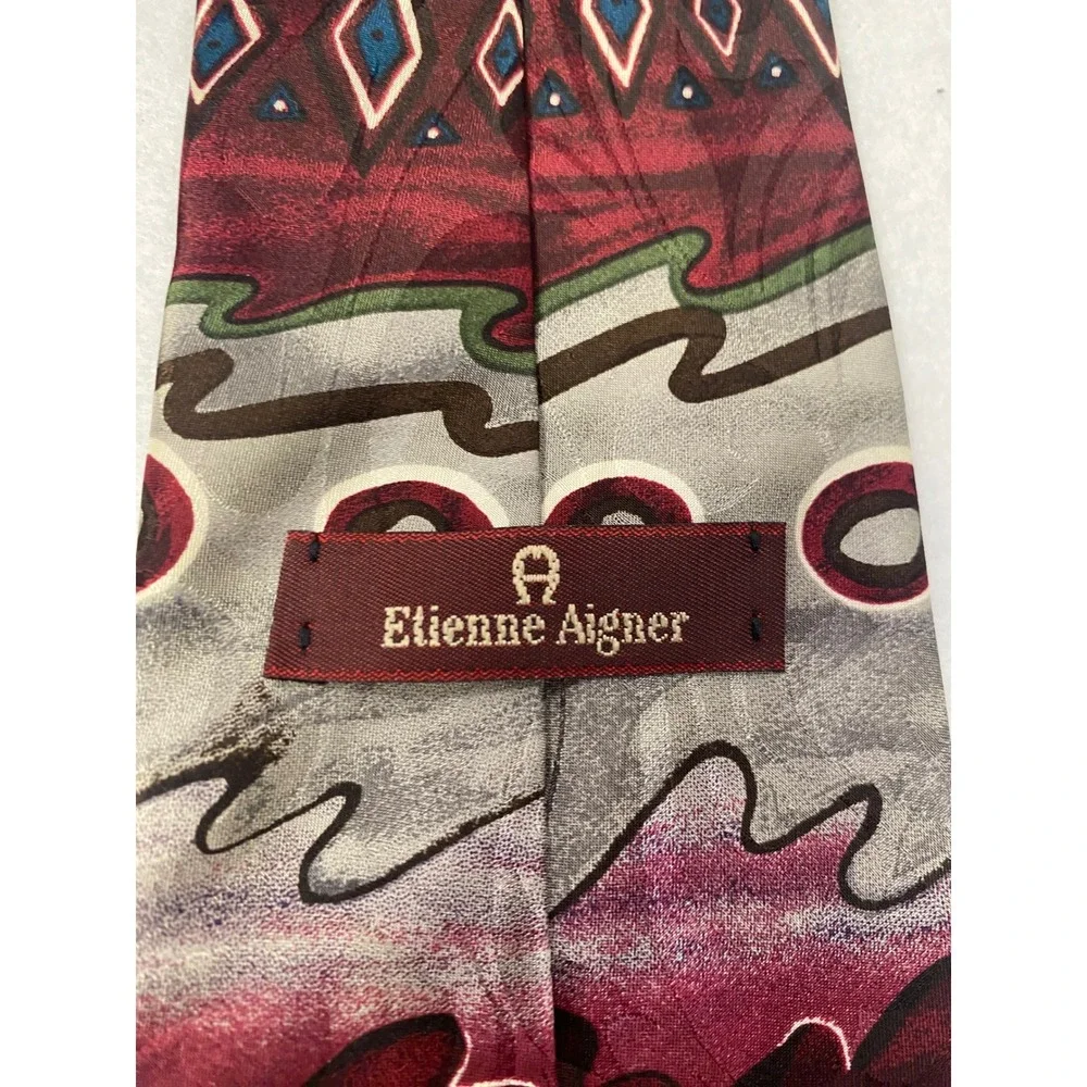 Etienne Aigner Mens Silk Tie Abstract‎ Geometric Pattern Burgundy Gray